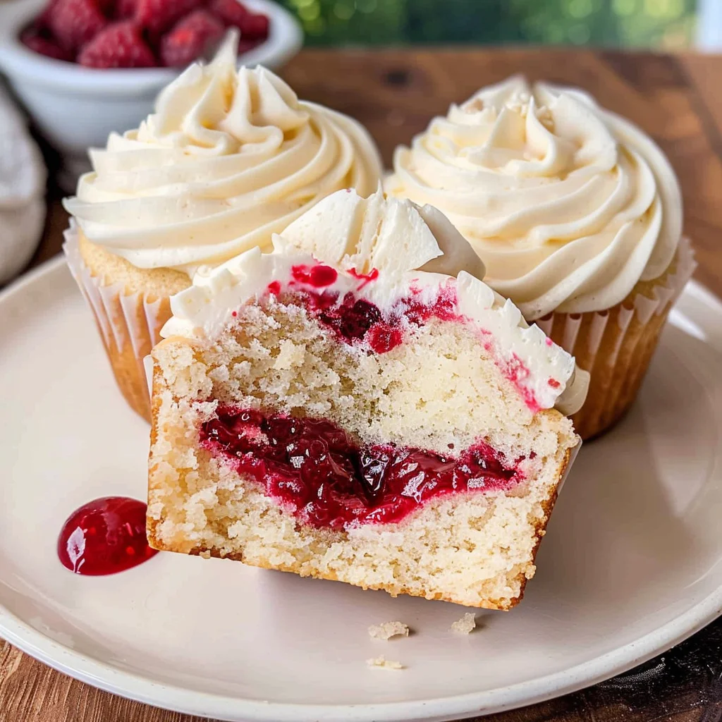 Almond Wedding Cake Cupcakes with Raspberry Filling
