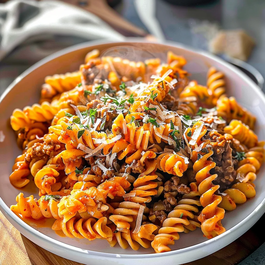 Beef and Rotini in Garlic Parmesan Sauce