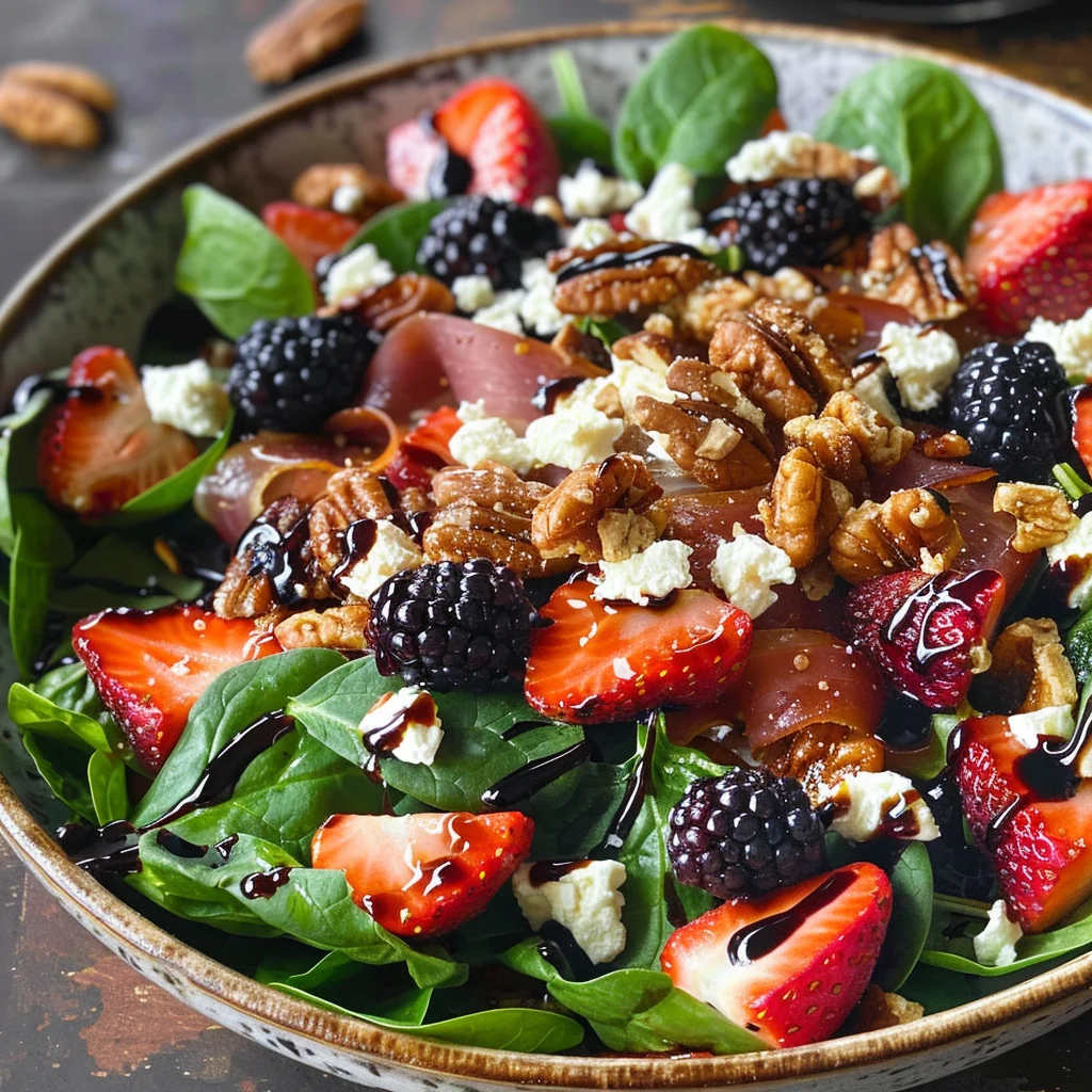 Berry Spinach Salad with Pecans, Feta, and Balsamic Glaze