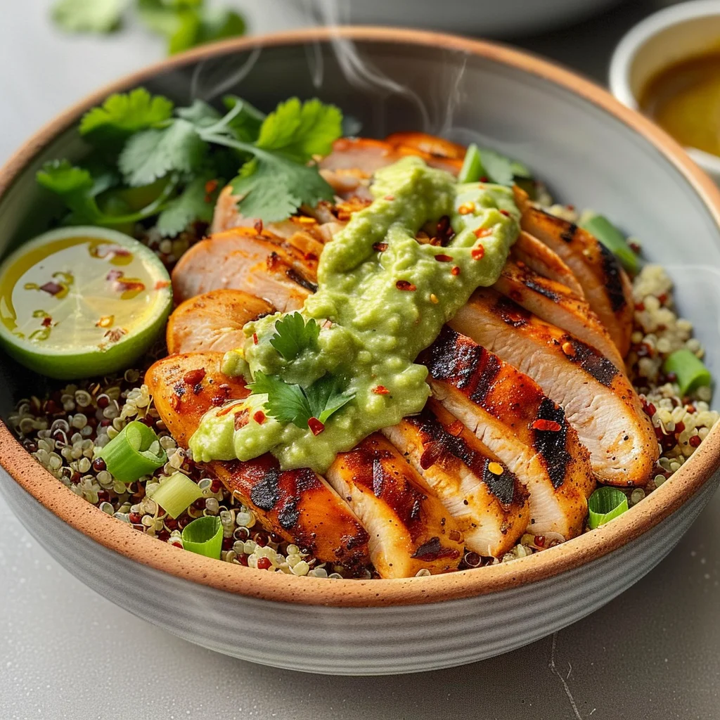 Grilled Chicken Quinoa Bowls with Avocado Sauce Delight!