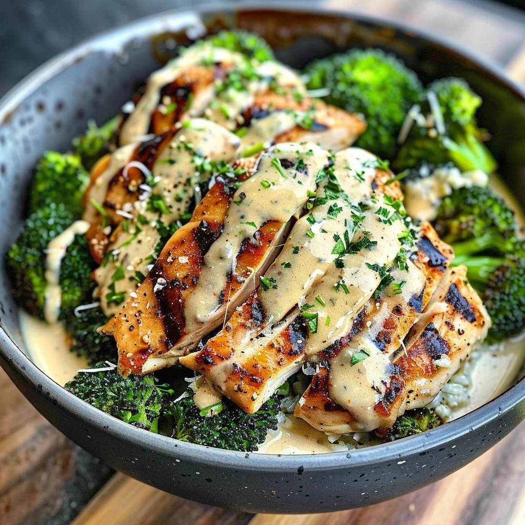 Grilled Chicken & Broccoli Bowls with Creamy Garlic Sauce Recipe