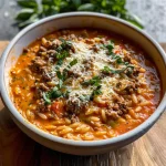 Ground Beef Orzo with Tomato Cream Sauce and Fresh Basil