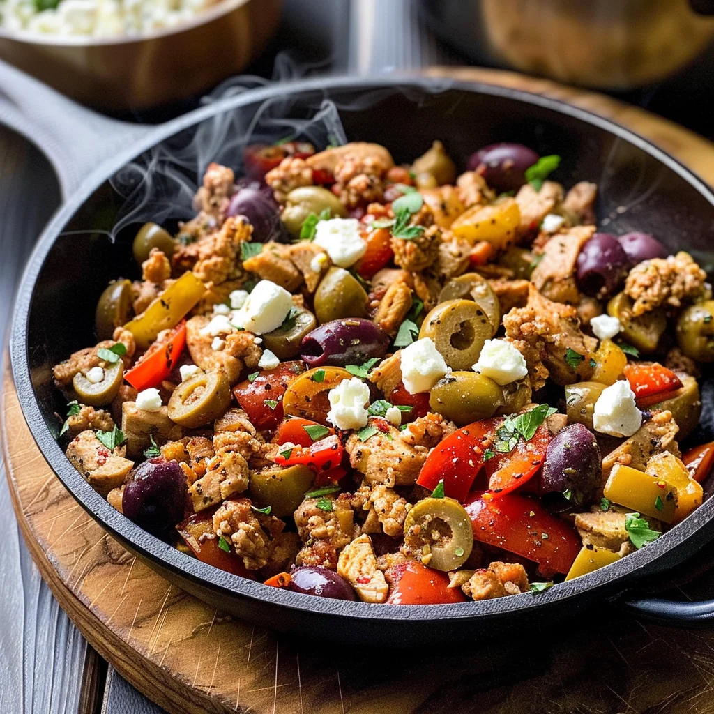 Mediterranean Keto Ground Chicken Skillet with Olives and Feta