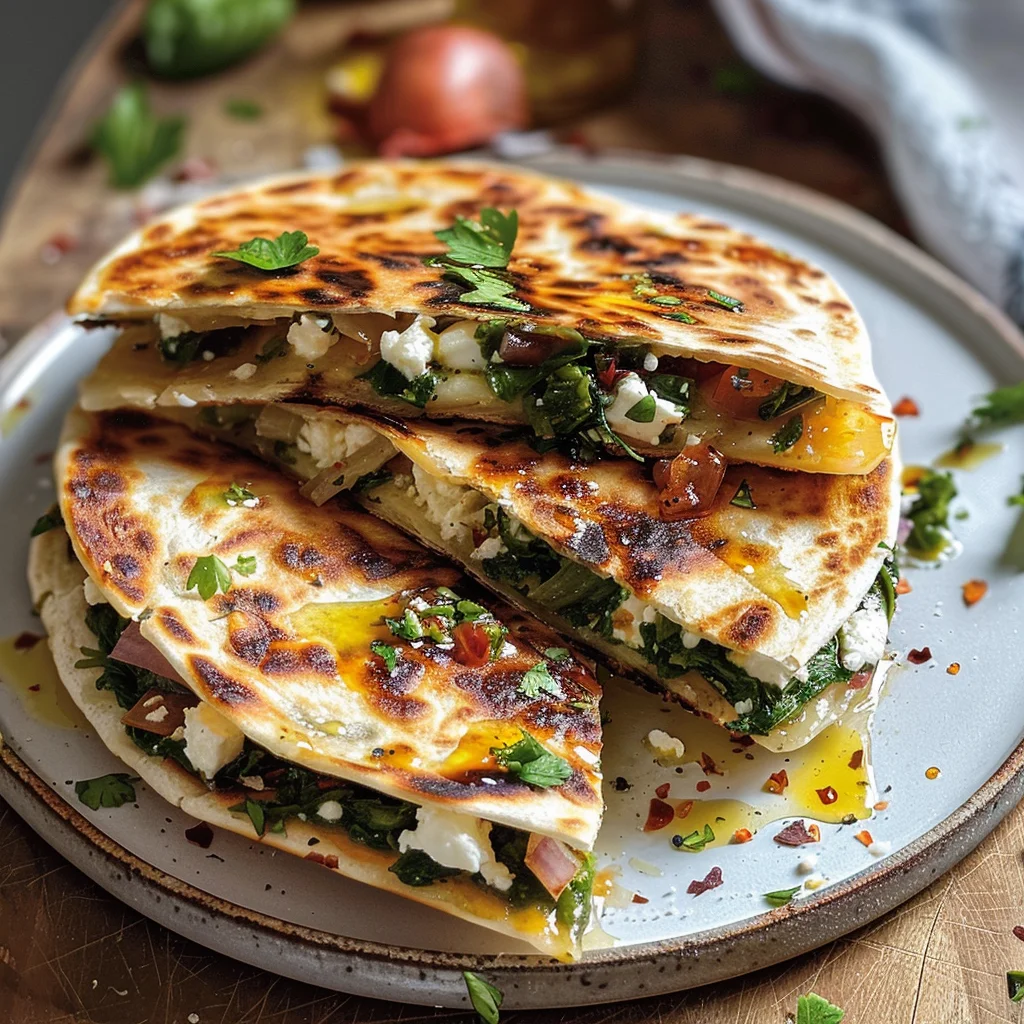Mediterranean Quesadillas with Spinach, Feta, Mozzarella, and Red Onion