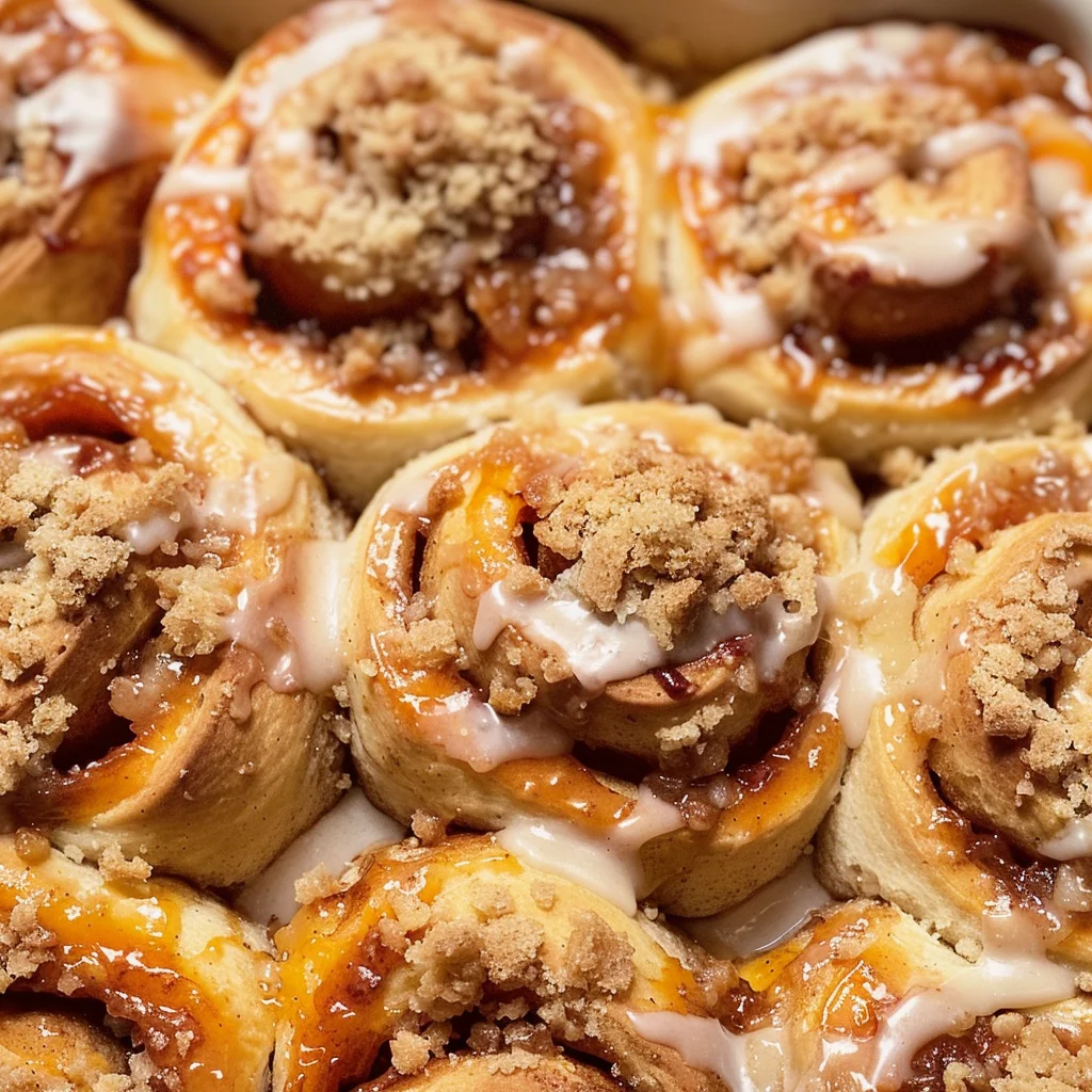 Peach Cobbler Cinnamon Rolls with Crumb Topping