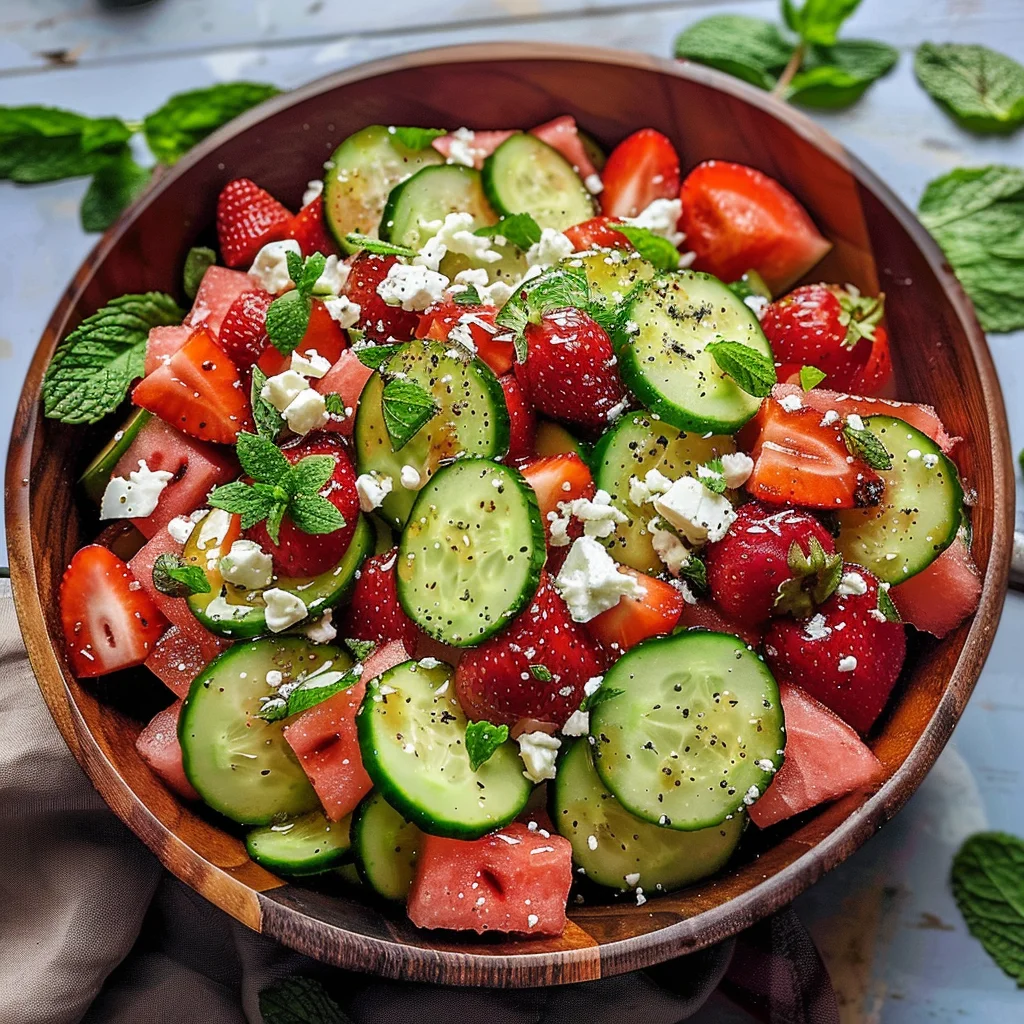 Watermelon Cucumber Salad with Strawberries and Feta
