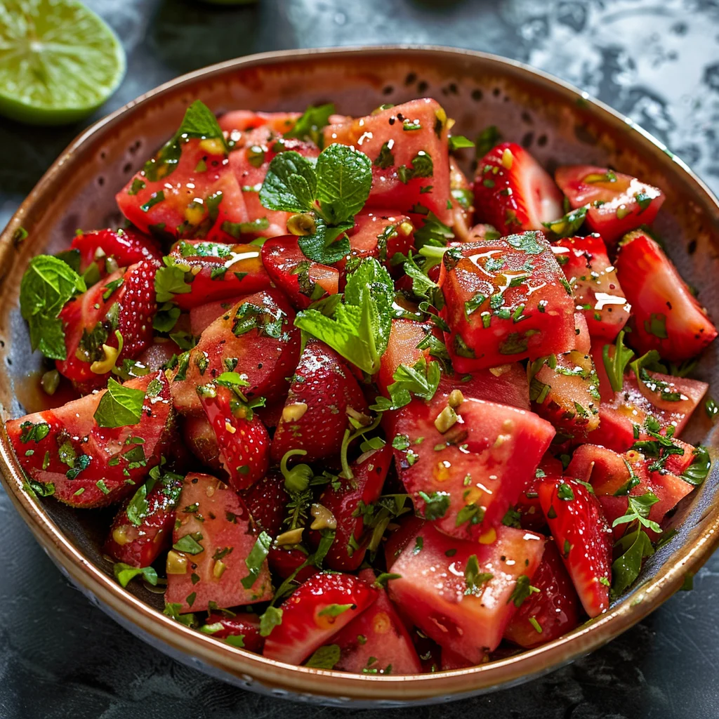 Watermelon Salad With Strawberries & Honey Lime Dressing