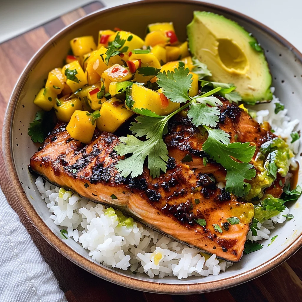 BBQ Salmon Bowls with Mango Avocado Salsa