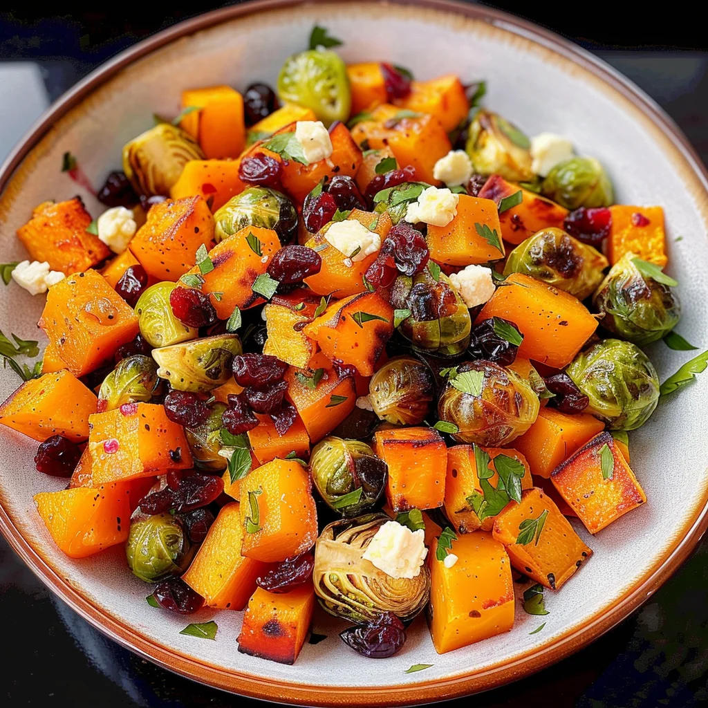 Cranberry-Glazed Roasted Butternut Squash, Brussels Sprouts, and Sweet Potato Salad