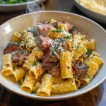 Garlic Butter Steak Tips with Cheesy Rigatoni