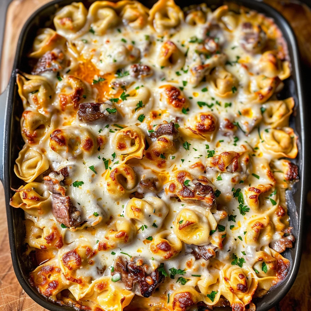 Golden Cheese Steak Tortellini Casserole