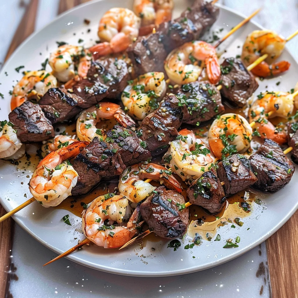 Grilled Steak and Shrimp Skewers with Garlic Butter