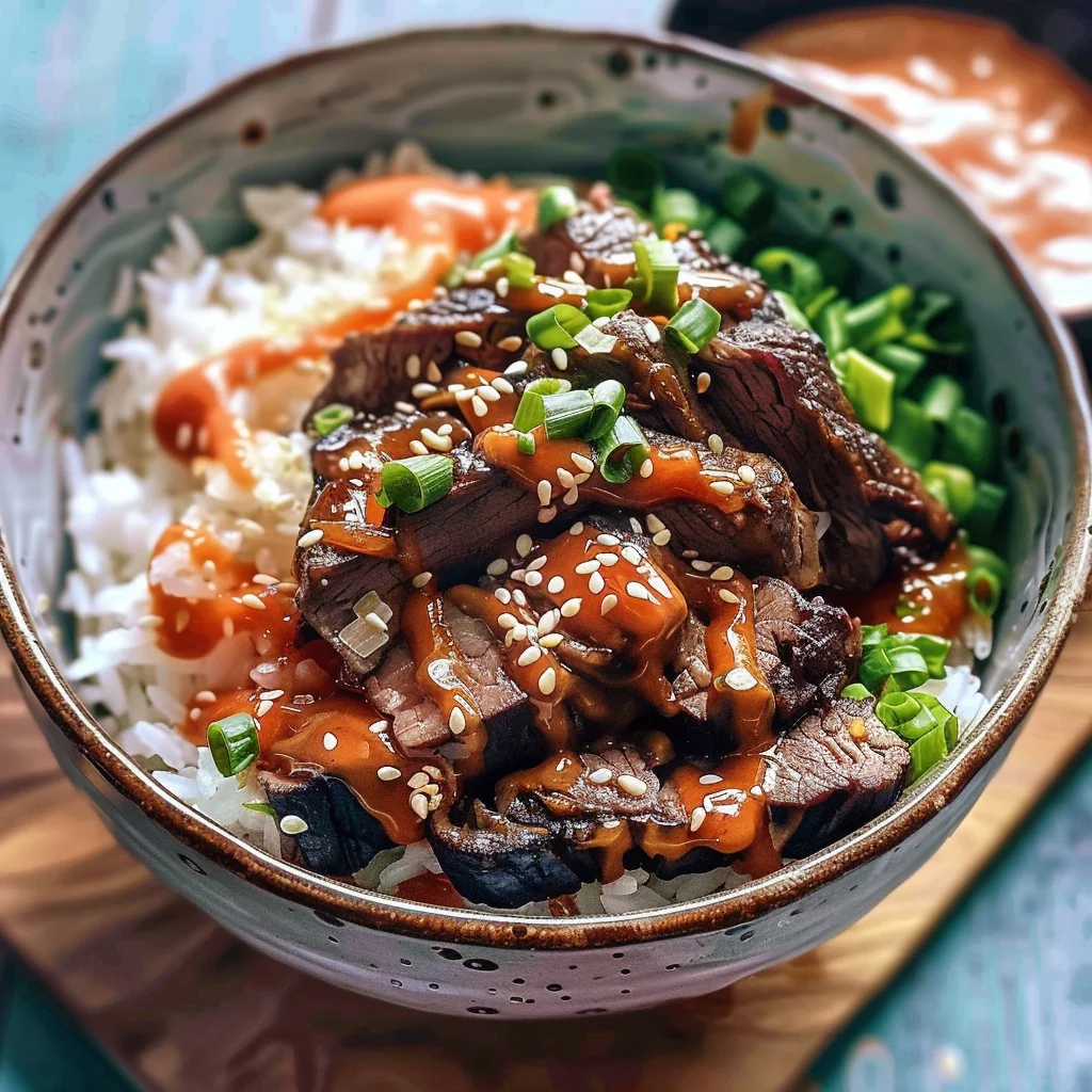 Korean BBQ Steak Rice Bowls with Spicy Cream Sauce
