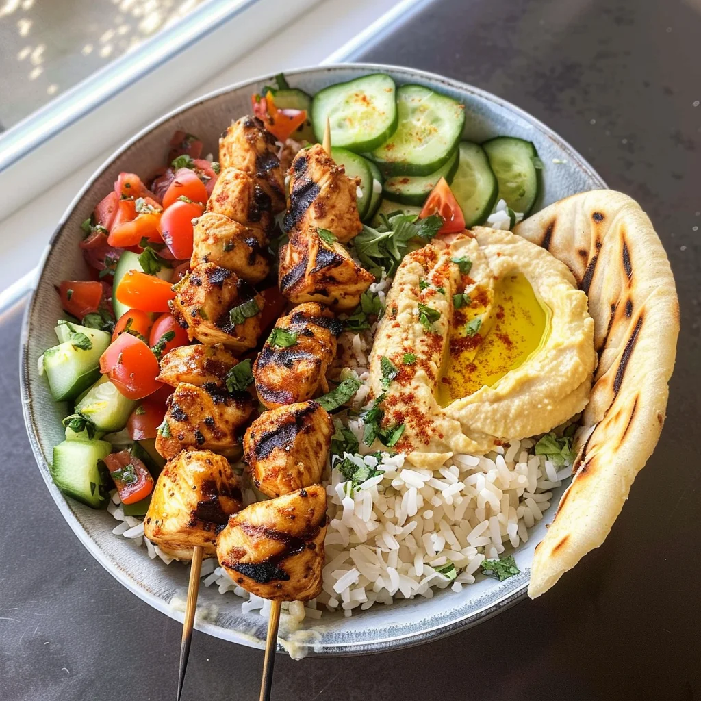 Mediterranean Bowl with Grilled Chicken Tawook Skewers