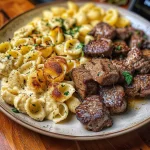 Steak Bites and Shell Pasta in Garlic Butter Alfredo Sauce