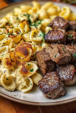 Steak Bites and Shell Pasta in Garlic Butter Alfredo Sauce