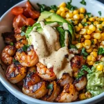 Grilled Shrimp Bowl with Avocado, Corn Salsa & Creamy Garlic Sauce: An Incredible 7-Ingredient Recipe