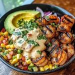 Grilled Shrimp Bowl with Avocado, Corn Salsa & Creamy Garlic Sauce: An Incredible 7-Ingredient Recipe