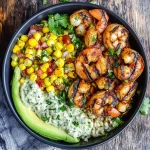 Grilled Shrimp Bowl with Avocado, Corn Salsa & Creamy Garlic Sauce