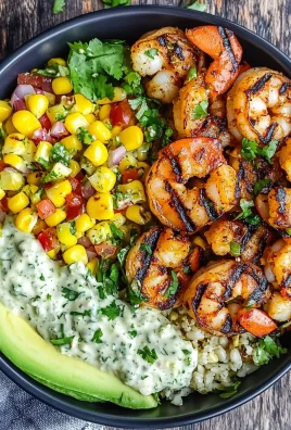 Grilled Shrimp Bowl with Avocado, Corn Salsa & Creamy Garlic Sauce
