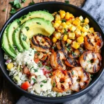 Grilled Shrimp Bowl with Avocado, Corn Salsa & Creamy Garlic Sauce